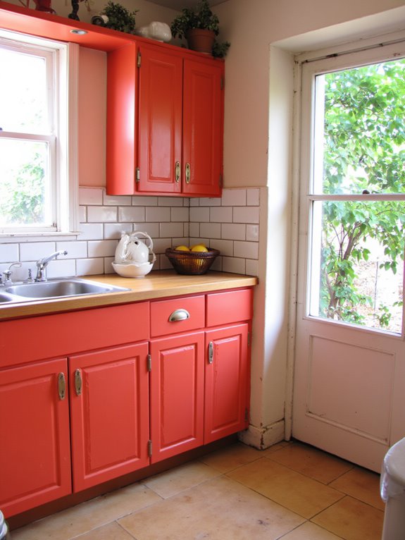 vibrant coral kitchen cabinets