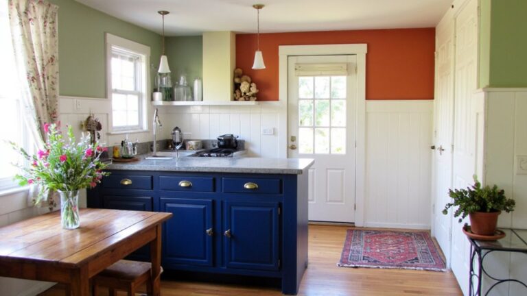 vibrant hues enhance blue cabinetry
