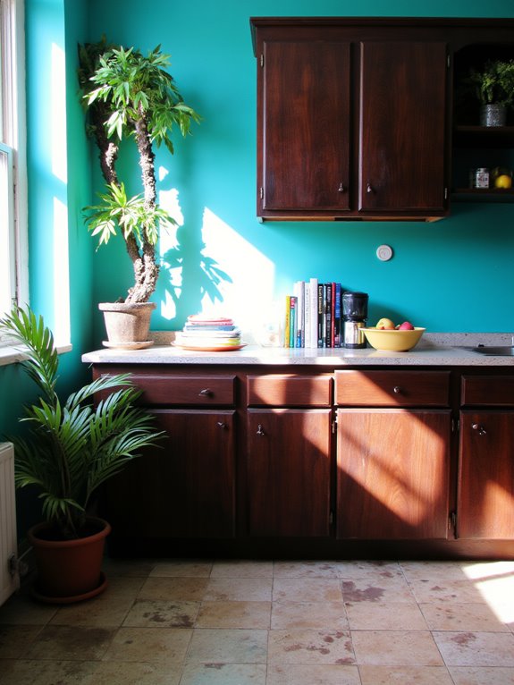 vibrant teal enhances dark wood