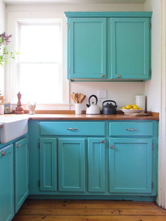 vibrant teal kitchen cabinets