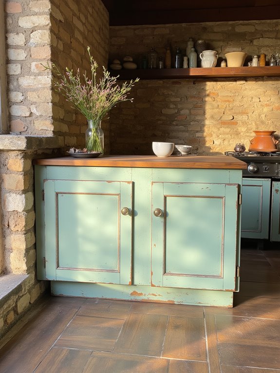 warm rustic seafoam cabinets
