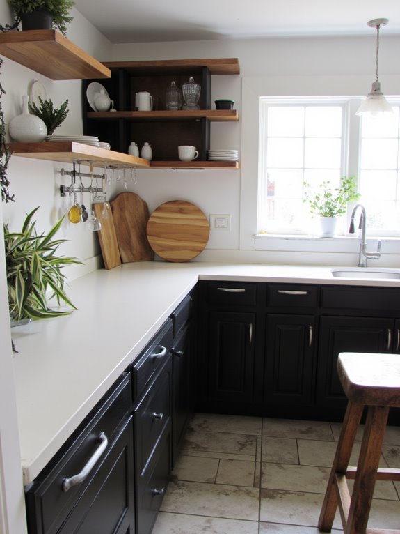 wood accents enhance black kitchens