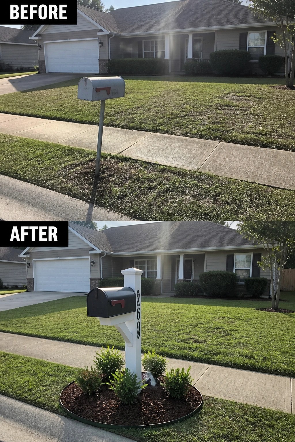 Before and after of a house with old mailbox replaced by new post and landscaping.