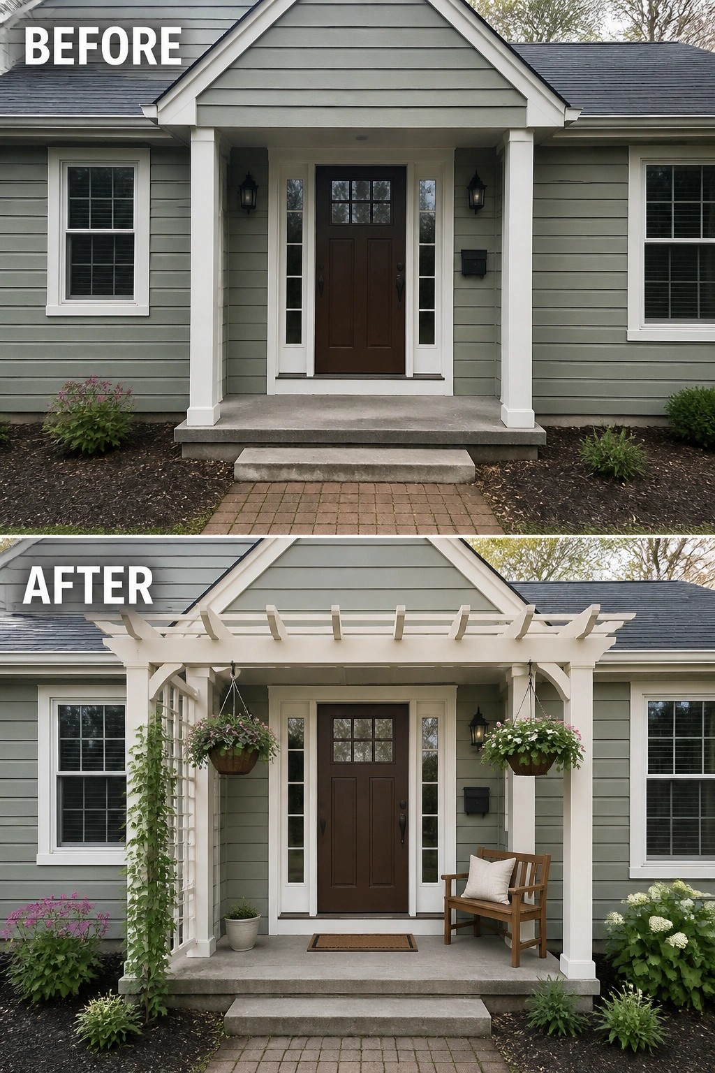 Before-and-after image of a house front entry with a new white pergola, hanging planters, and a bench added to the porch.