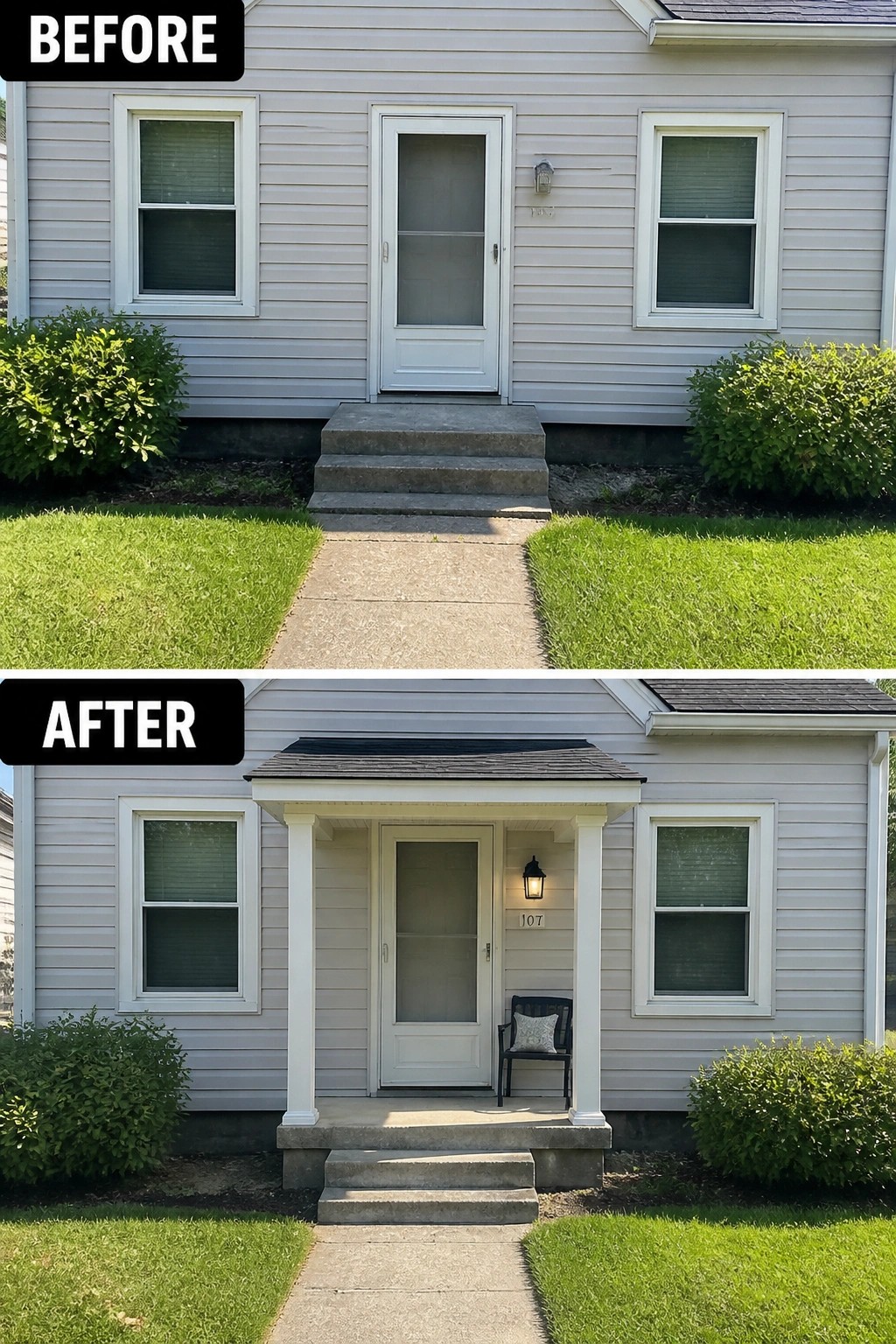 Before and after house entrance with new white porch addition.