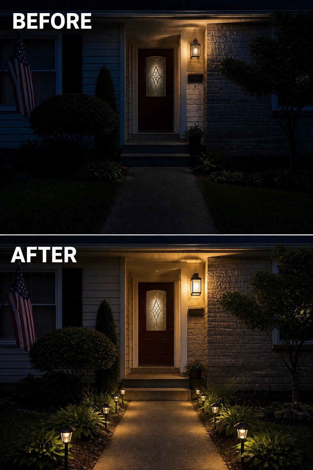 Before-and-after image of a house front entrance showing a dark walkway changed by the addition of low path lights and garden lighting.