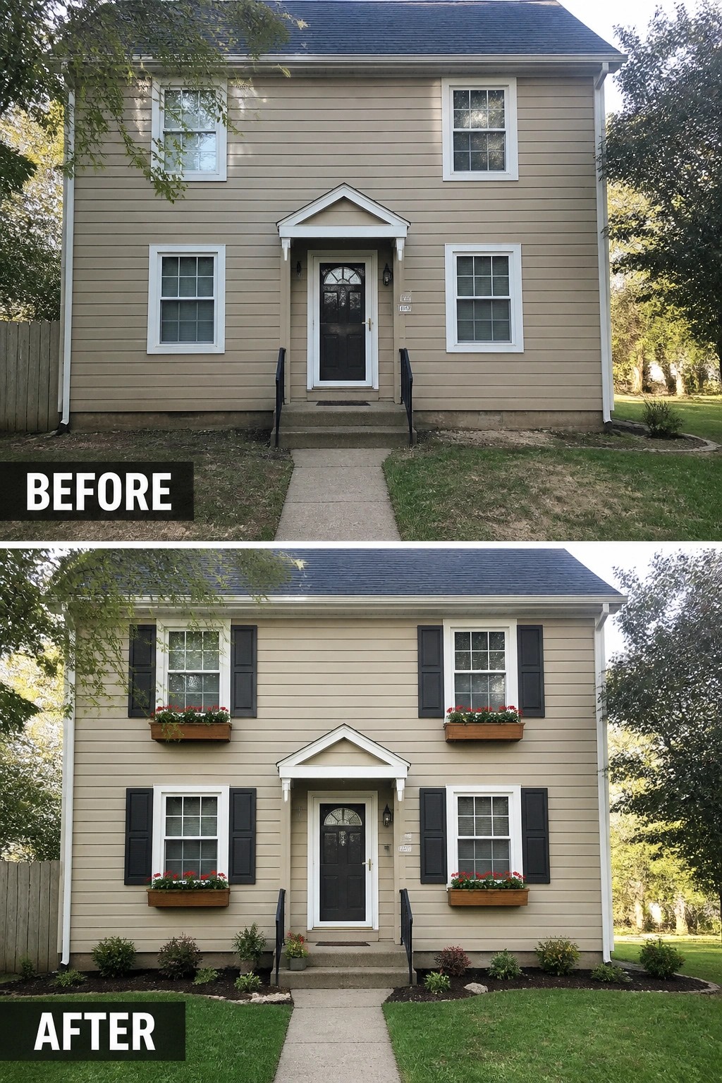 Before and after of house with added black shutters, flower boxes, and landscaping.