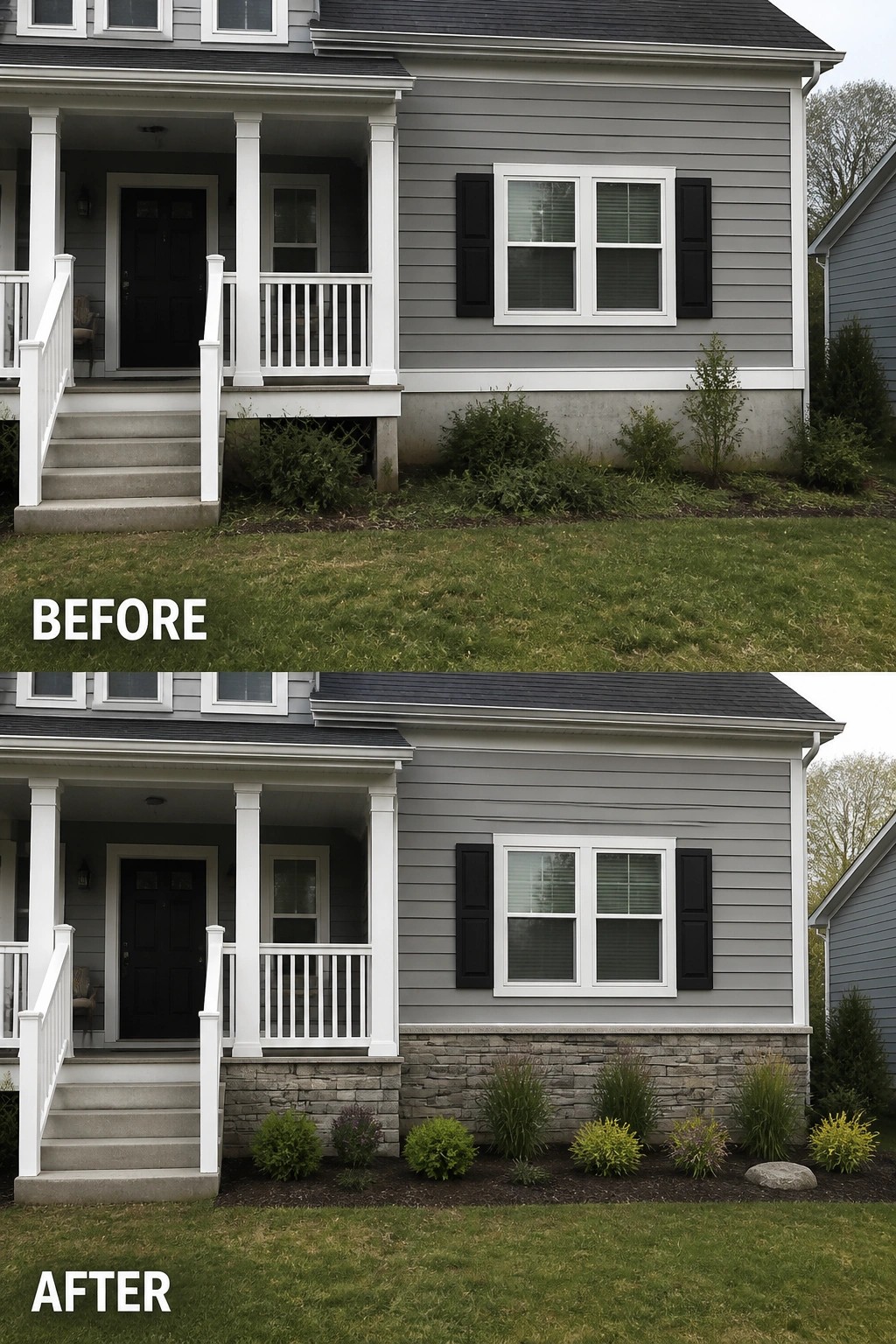 Before and after of gray house with stone foundation and new landscaping