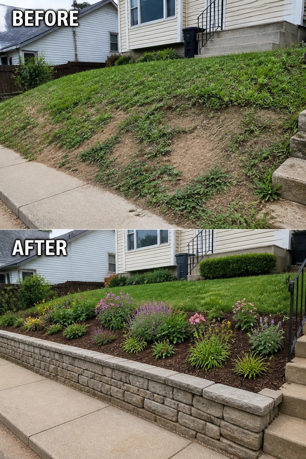 Before and after sloped yard with new retaining wall and colorful flower garden.