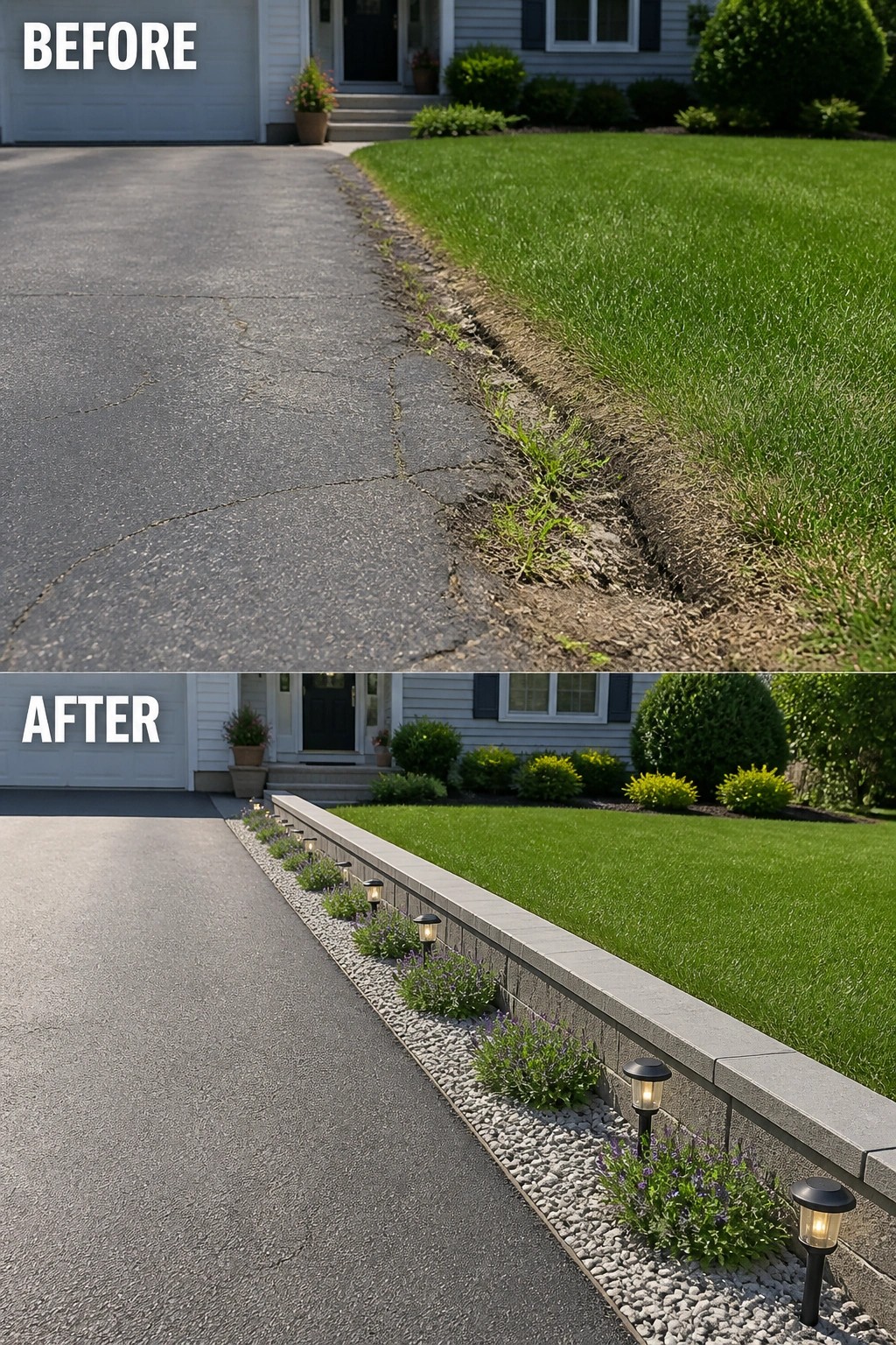 Before-and-after image of a cracked driveway edge with weeds changed into a clean border with gravel, plants, and lights.