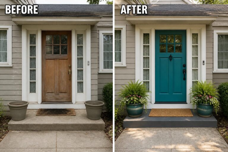 Before-and-after image of a house front entry showing a brown door with empty planters changed to a teal door with filled planters on the steps.