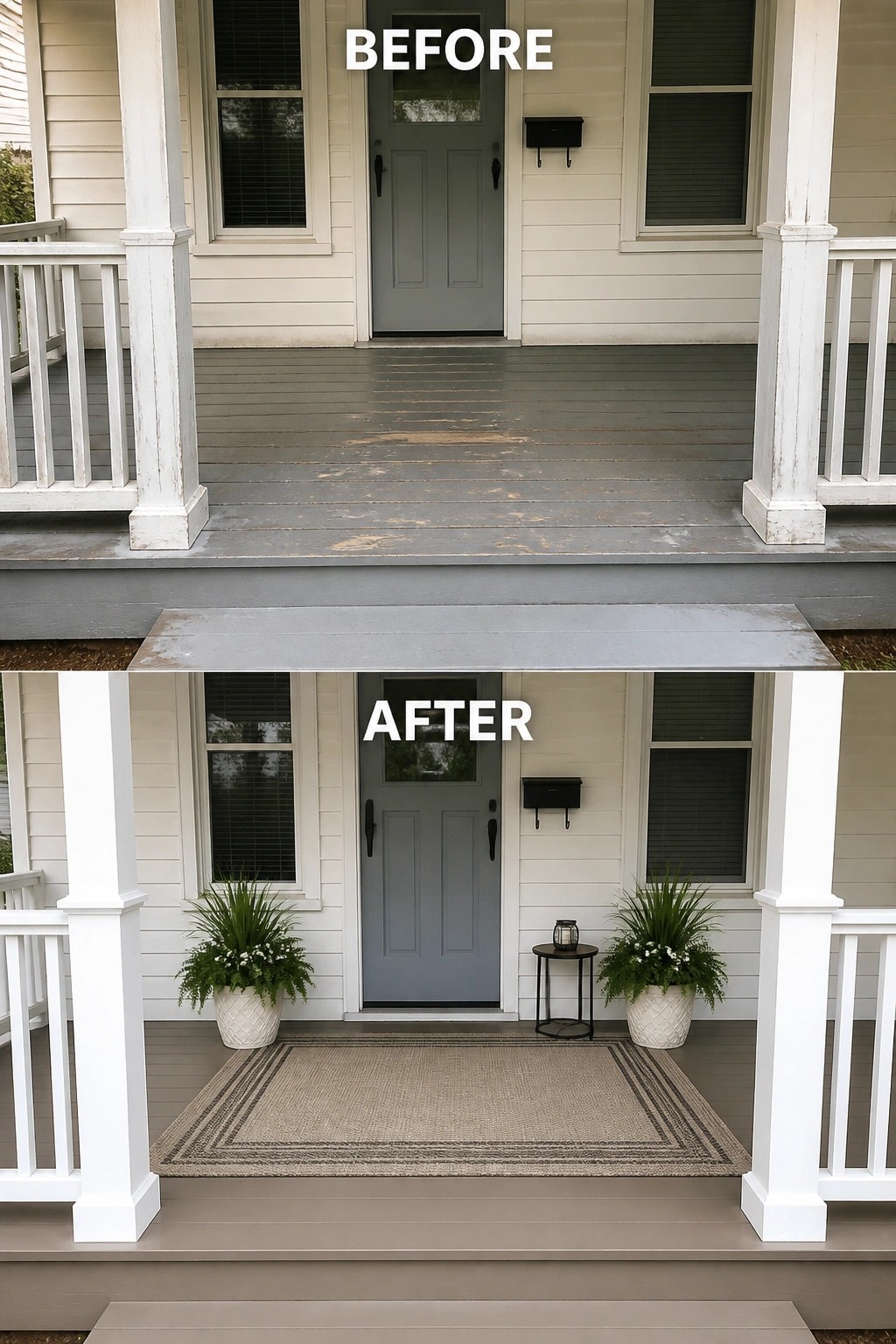 Before and after porch with gray door, potted plants, rug, and small table.