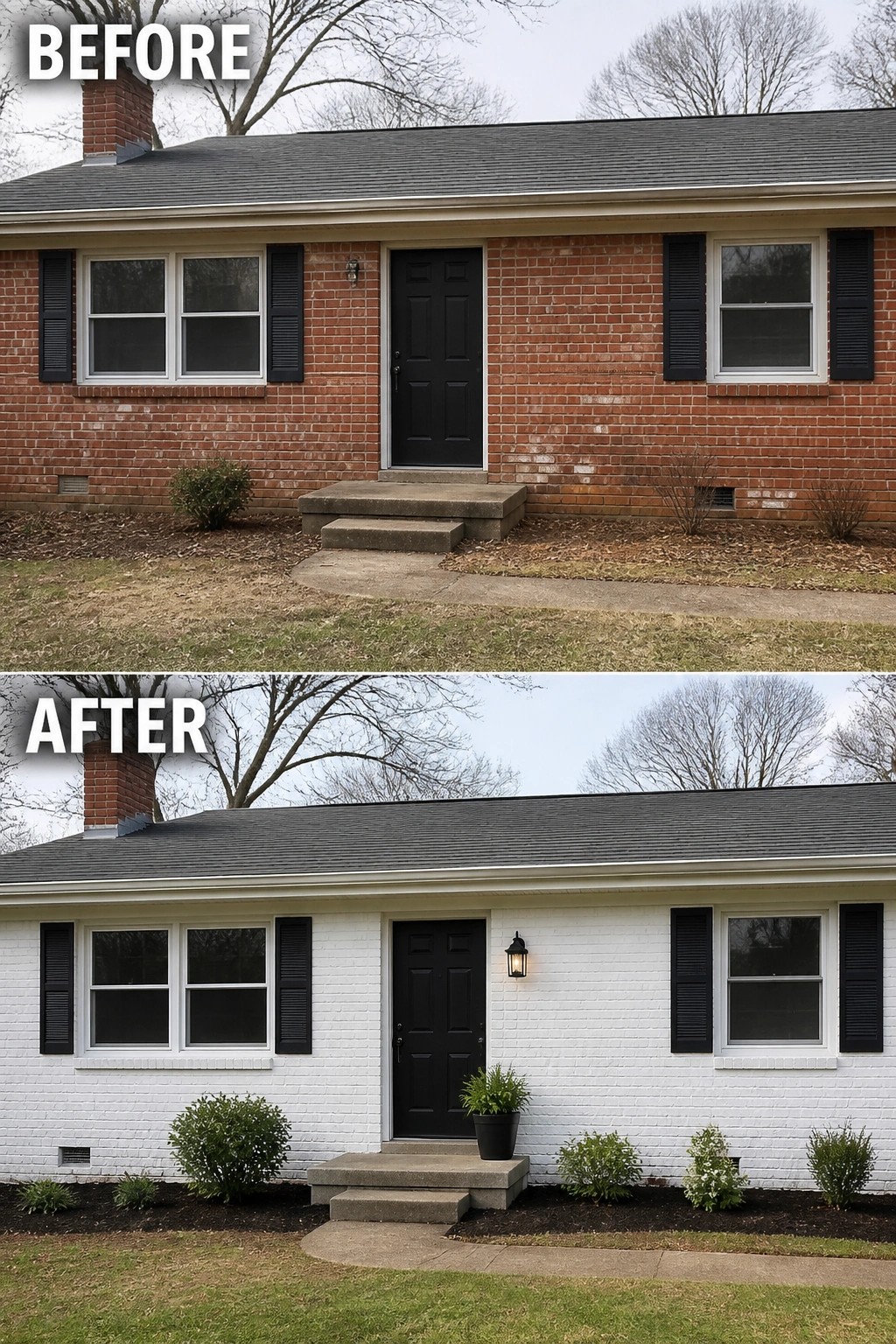 Before-and-after image of a red brick house exterior painted white with added front landscaping and a new light fixture.