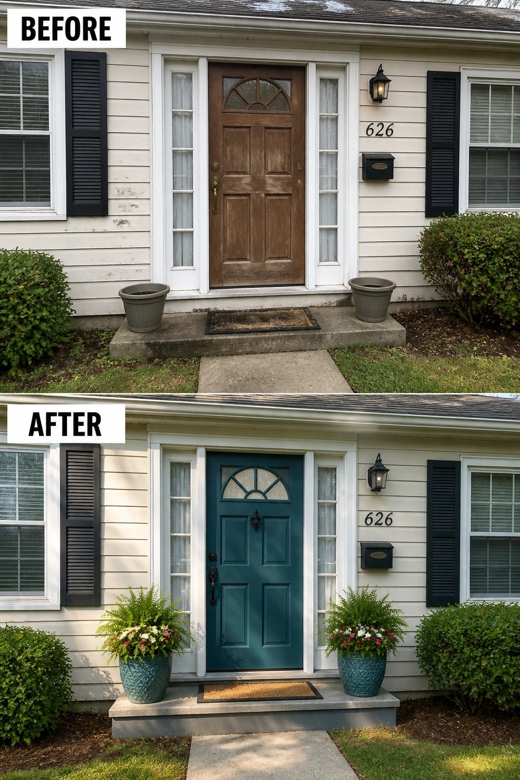 Before-and-after image of a house front entry showing a brown door with empty planters changed to a teal door with filled planters on the steps.
