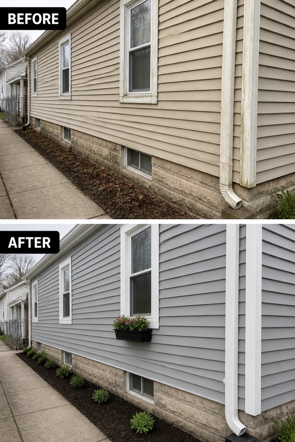 Before-and-after house exterior with new gray siding, flower box, and landscaping