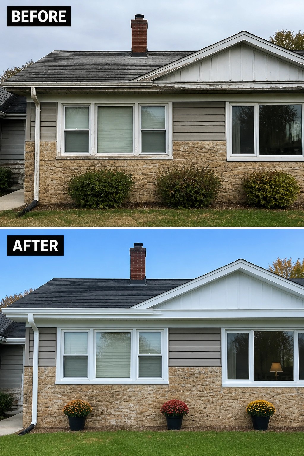 Before and after of stone house with new colorful potted chrysanthemums under blue sky