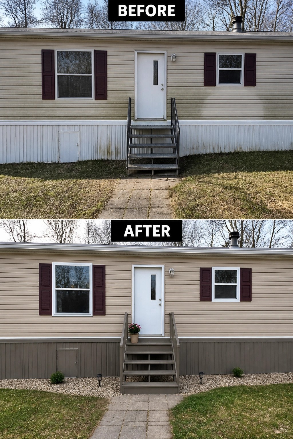 Before and after house exterior with new gray siding, steps, and gravel landscaping.
