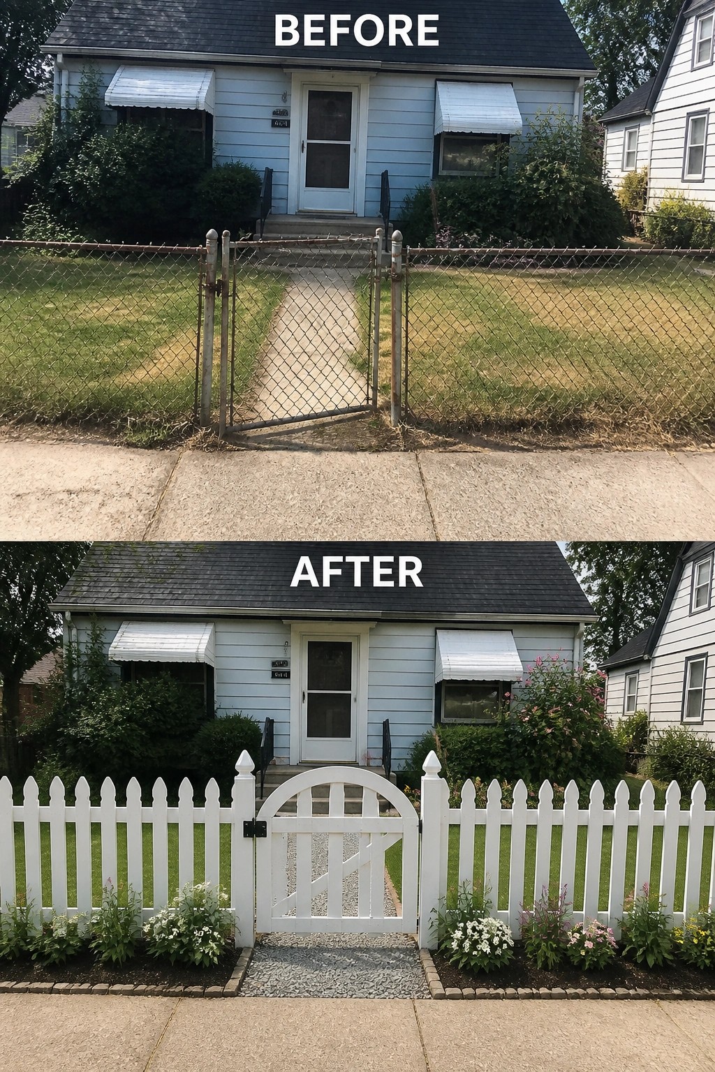 Before and after of light blue house with chain-link fence replaced by white picket fence.