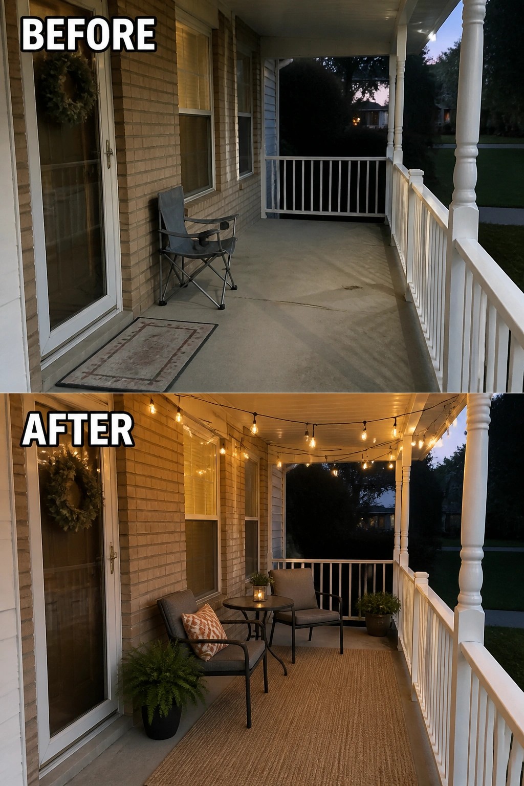 Porch before and after: bare space with folding chair transformed into cozy lit area with furniture and plants.
