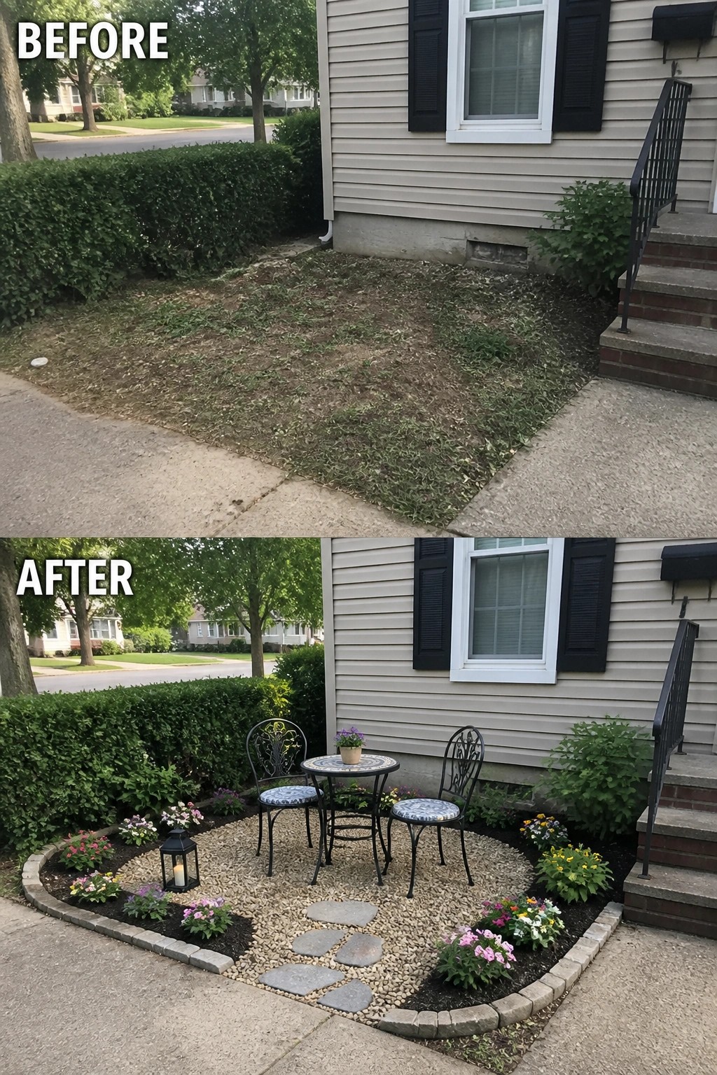 Before and after of bare dirt yard transformed into floral gravel patio with seating