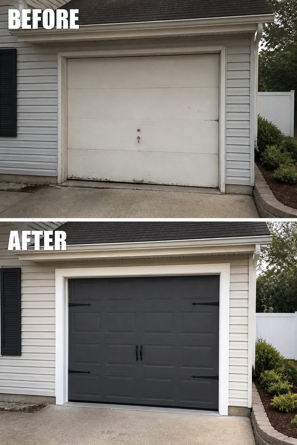 Before-and-after image of a house exterior showing a plain white garage door changed to dark gray with added black hardware.