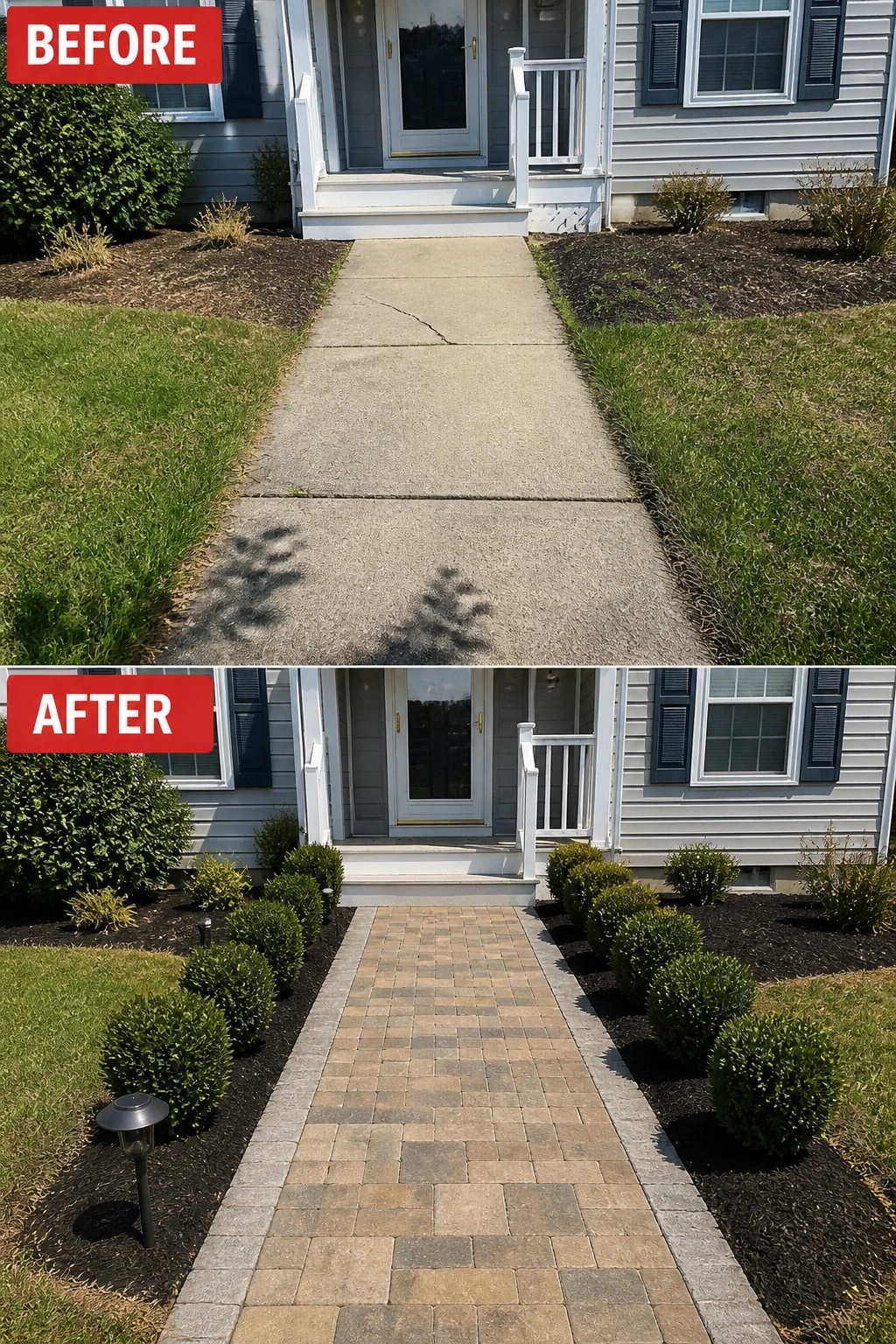 Before-and-after views of cracked concrete walkway upgraded to paver stones with landscaping.