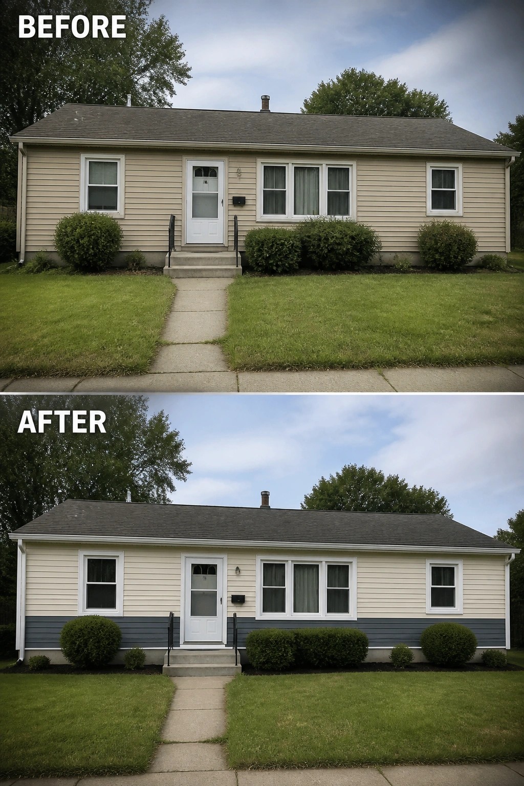Before-and-after image of a house exterior showing the addition of a gray painted band along the lower siding.