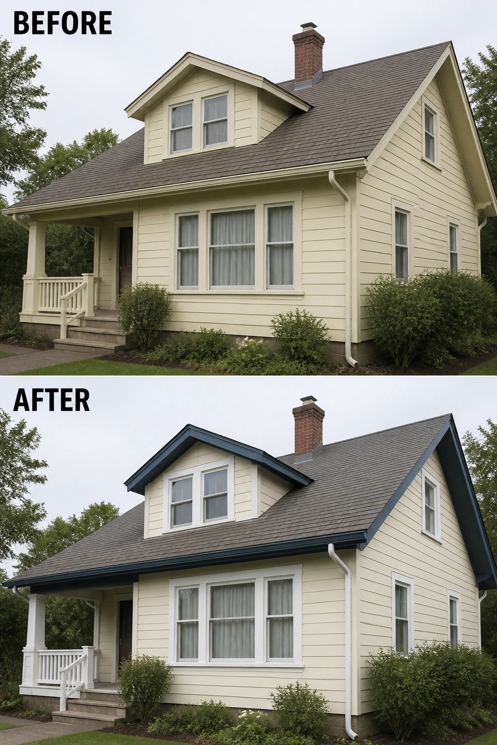 Before-and-after image of a house exterior with light trim updated to dark trim for more contrast.