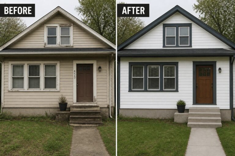 Before-and-after image of a house exterior changed from beige siding with white trim to white siding with black trim and updated door surround.
