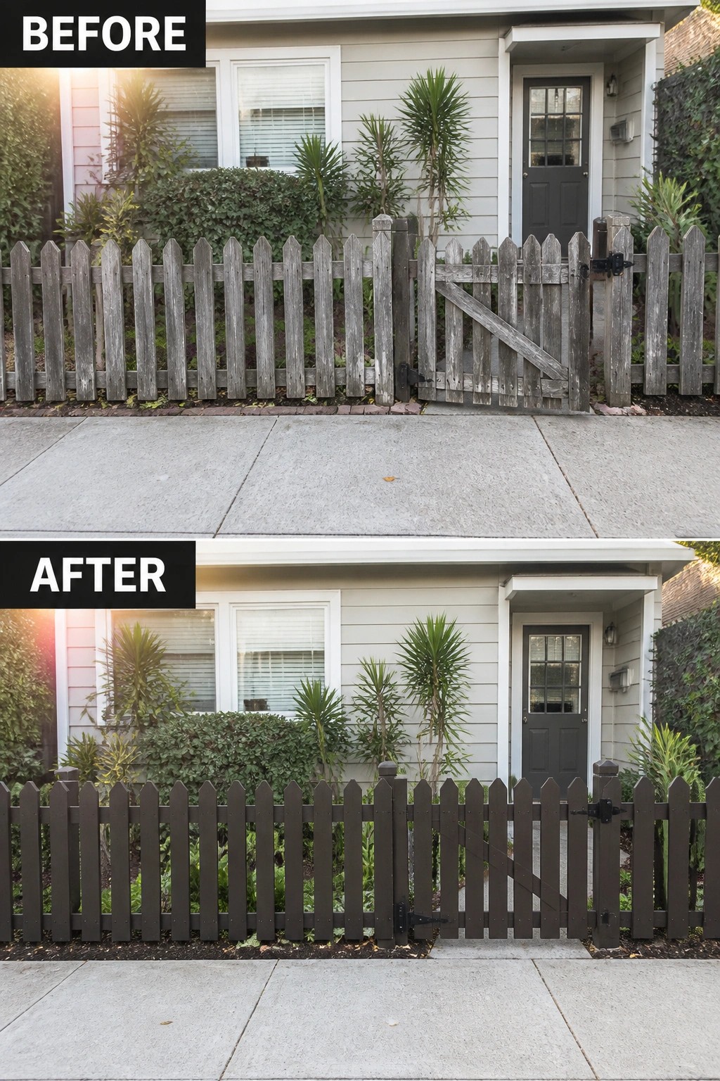 Before and after of house with picket fence painted from gray to dark brown
