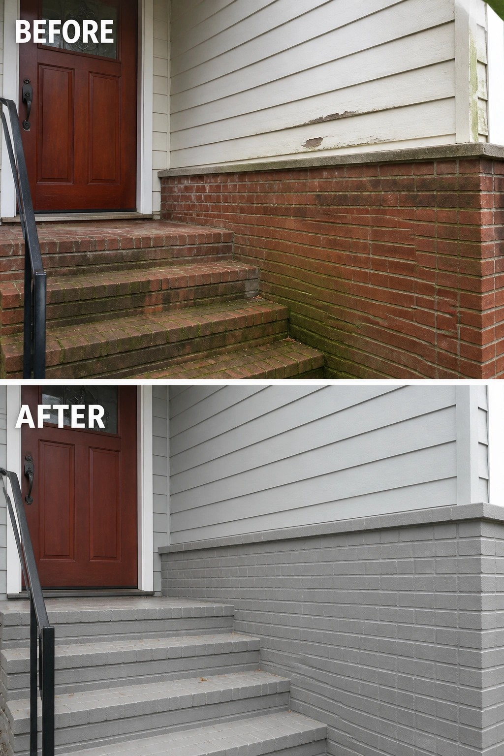 Before-and-after image of a house front entry where the brick foundation and stairs were painted to match the light gray siding.