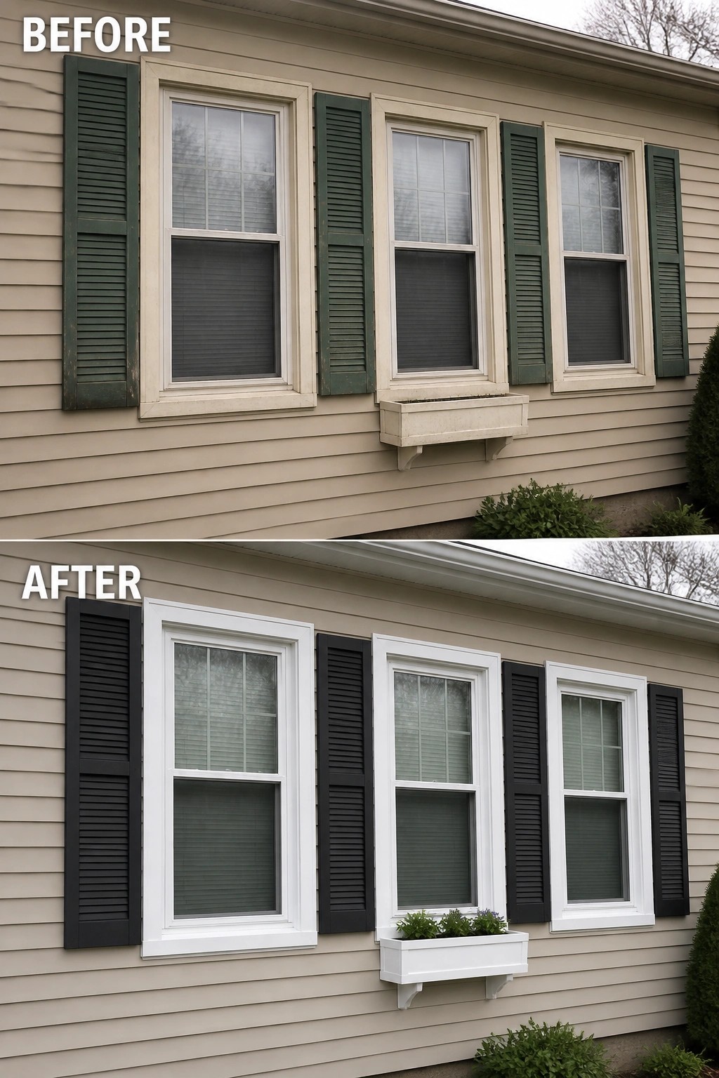 Before-and-after image of a house exterior showing shutters and window trim repainted from mixed green and beige to uniform black shutters with white trim.