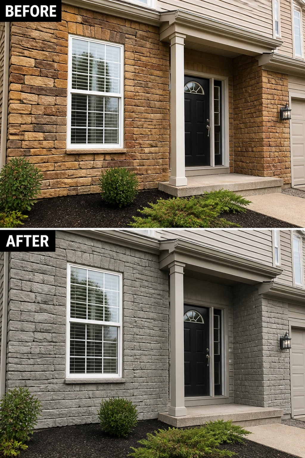 Before-and-after image of a house exterior showing brown stone siding changed to gray stone siding with the same black door and trim.