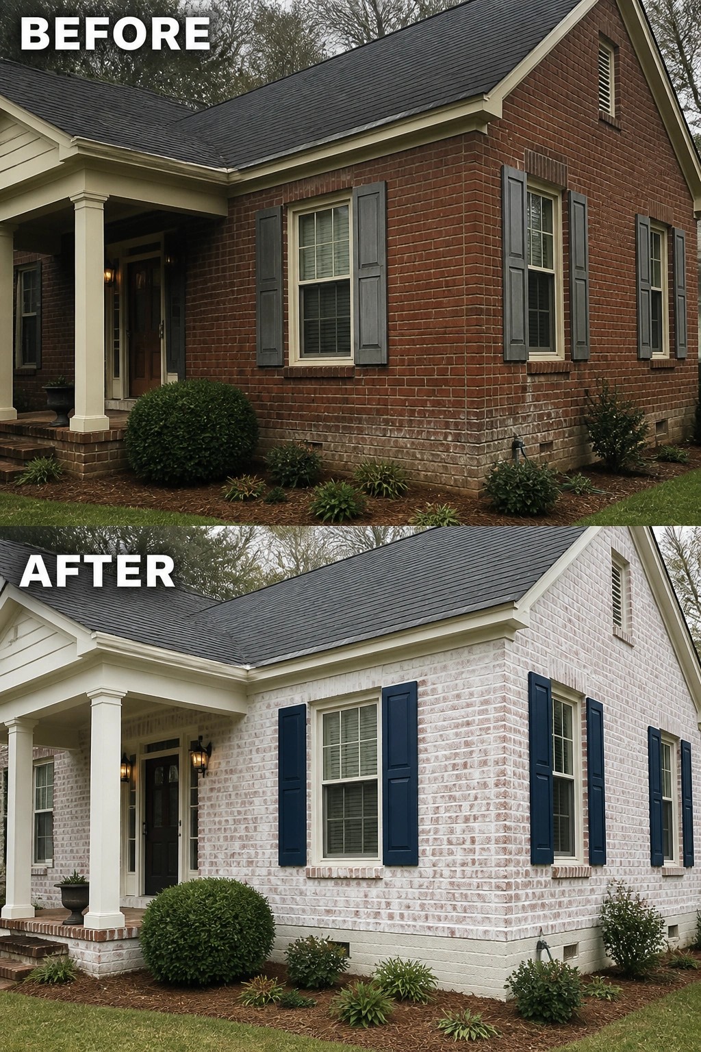 Before-and-after brick house painted white with updated blue shutters and trim.