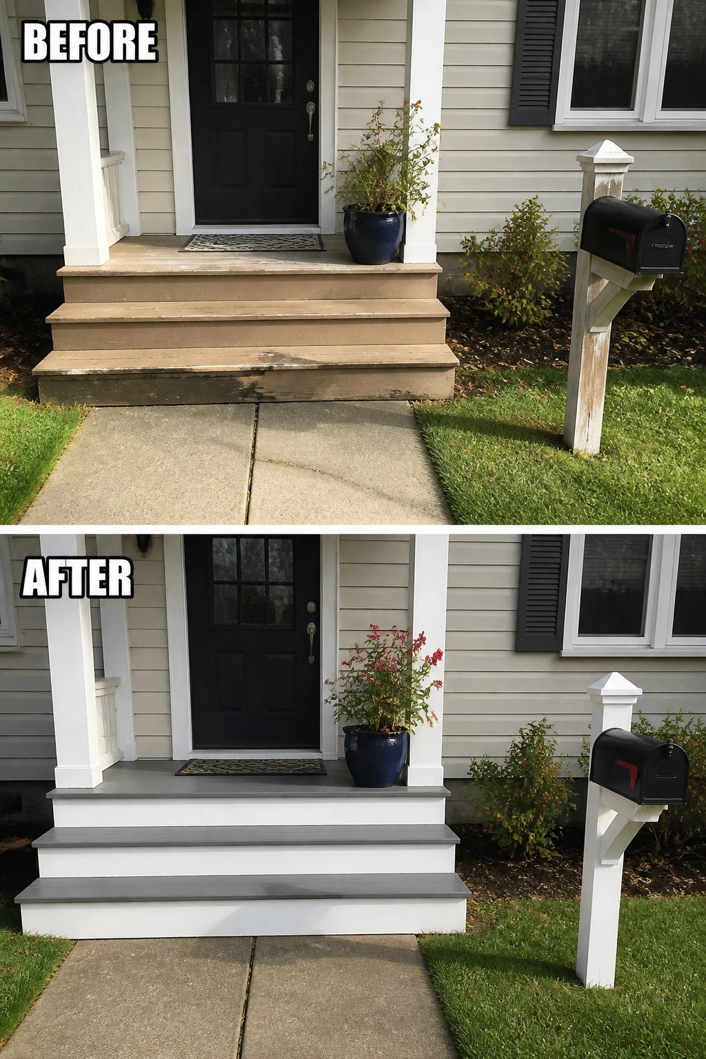 Before and after of house porch with freshly painted white-gray steps and posts