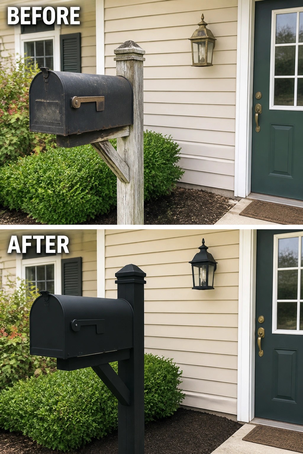 Before-and-after image of a weathered wooden mailbox post painted black to match the house exterior and light fixture.