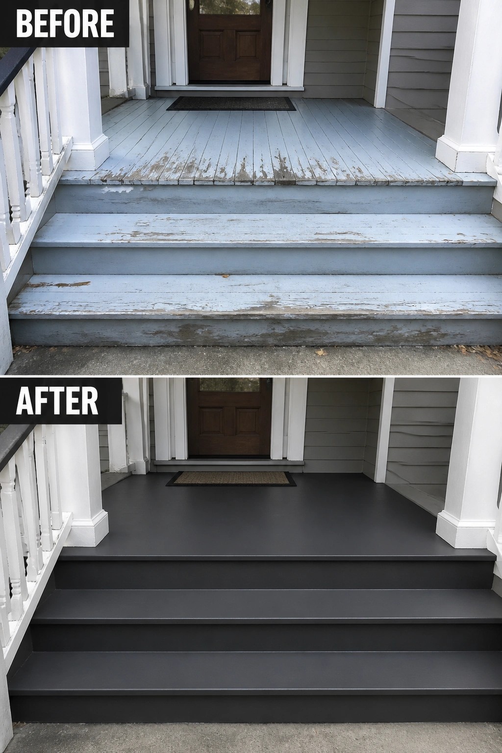 Before-and-after image of a front porch and stairs with peeling light paint updated to a solid dark gray finish.