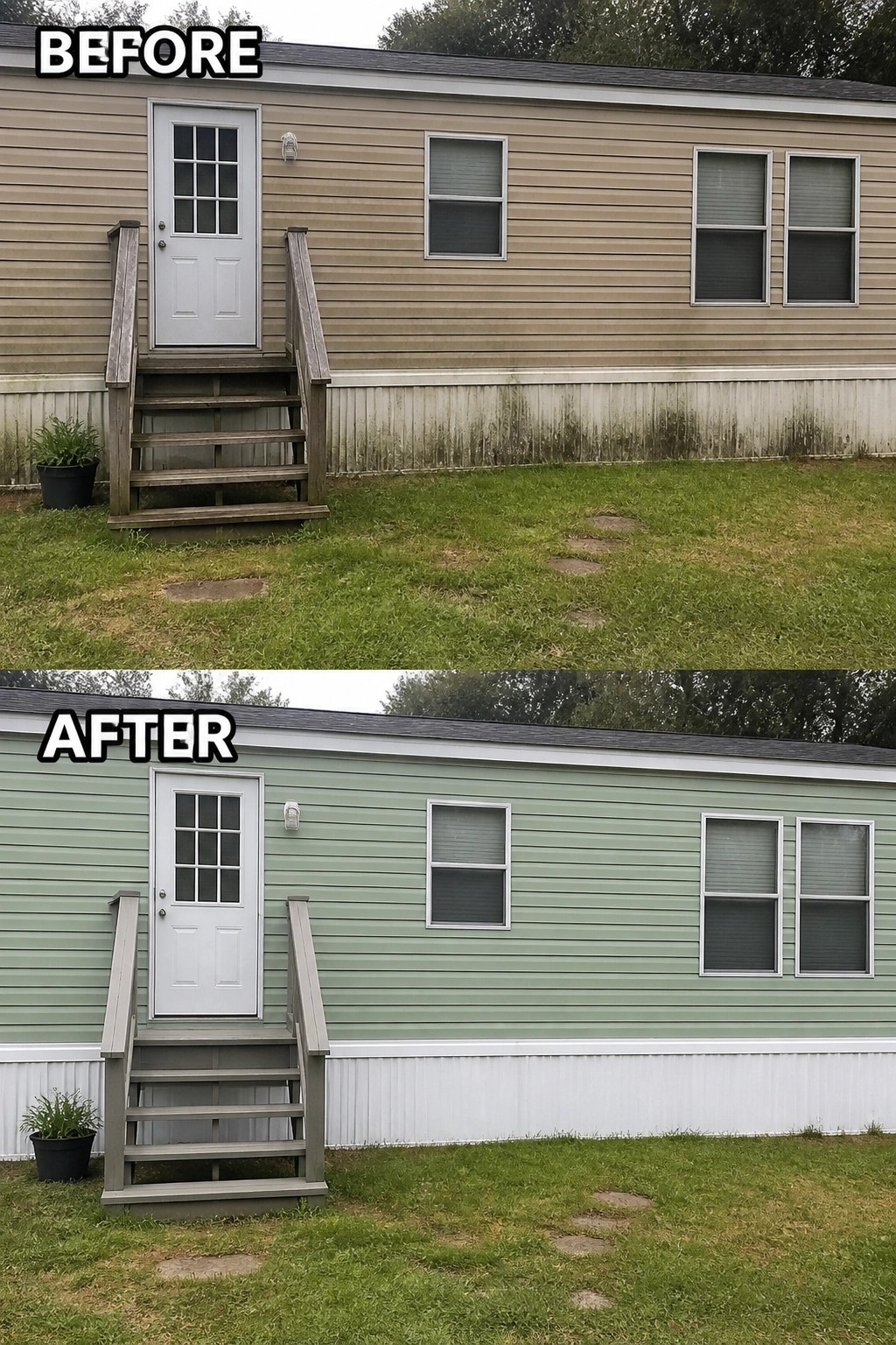 Before and after of house with green paint, gray steps, clean skirting.
