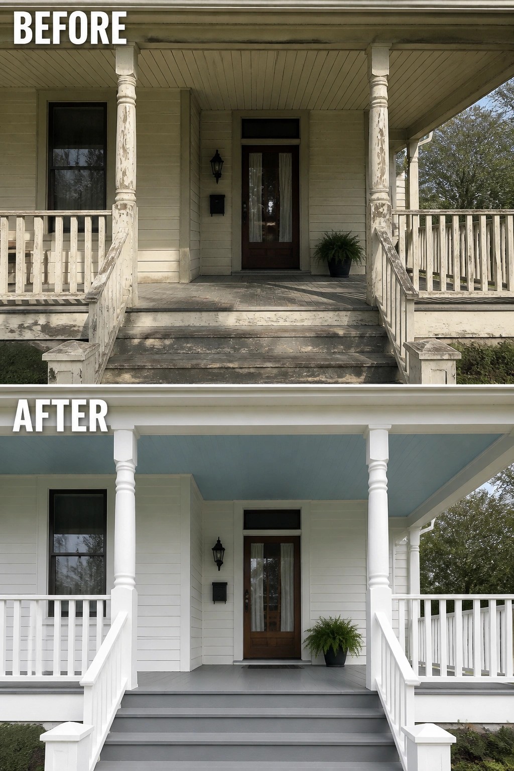Before and after of weathered porch repainted white with gray steps and blue ceiling.