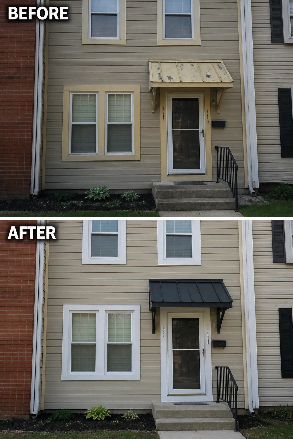 Before-and-after image of a house entry where an old faded awning is replaced with a new dark one and the trim is painted white.