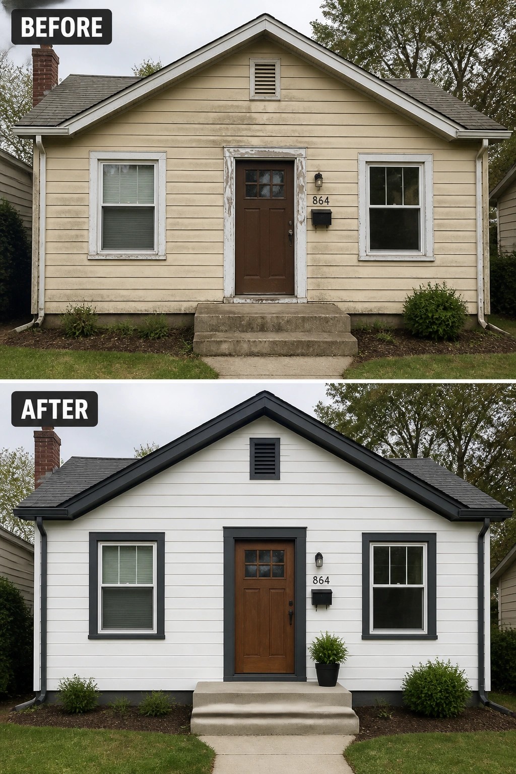 Before-and-after image of a house exterior changed from beige siding with white trim to white siding with black trim and updated door surround.