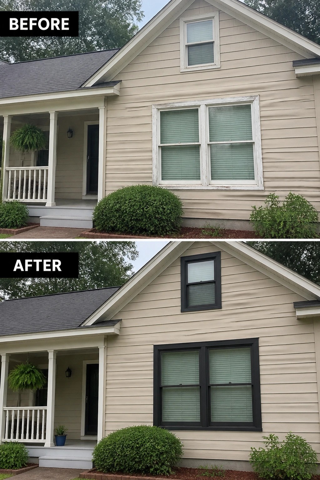Before-and-after image of a house exterior with window frames updated from white to black.