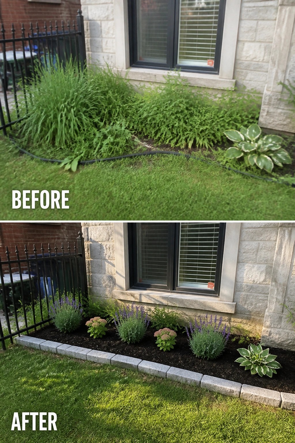 Before-and-after image of an overgrown garden strip changed into a clean, edged bed with mulch and arranged plants.