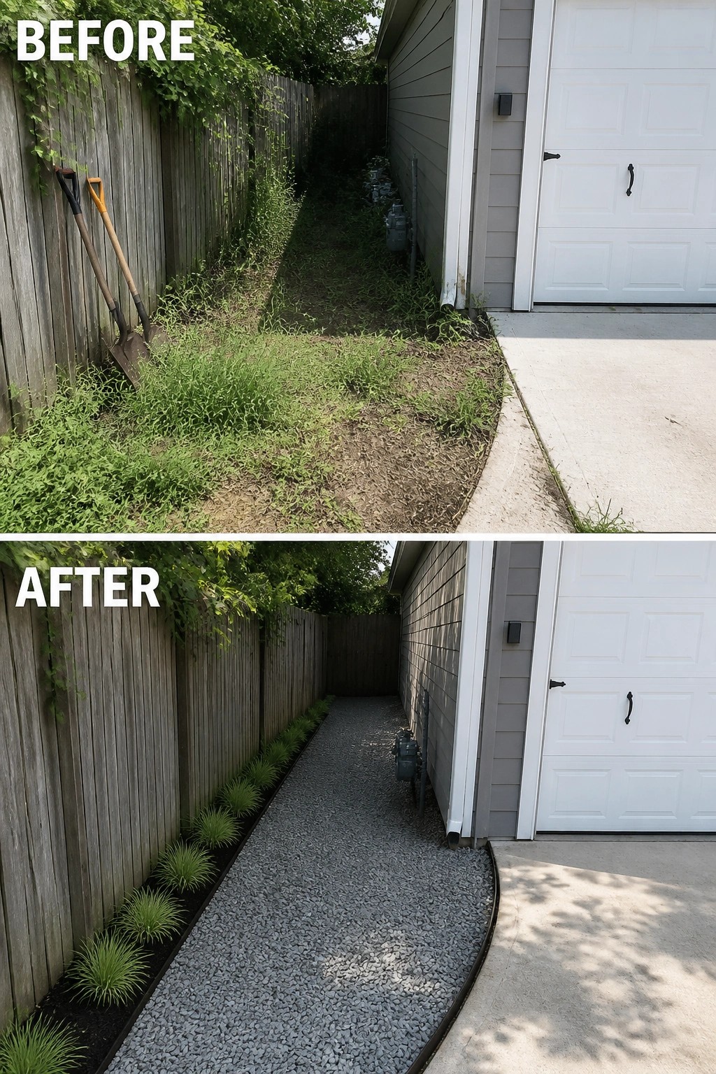 Before-and-after image of an overgrown side yard changed into a clean gravel path bordered by small plants.