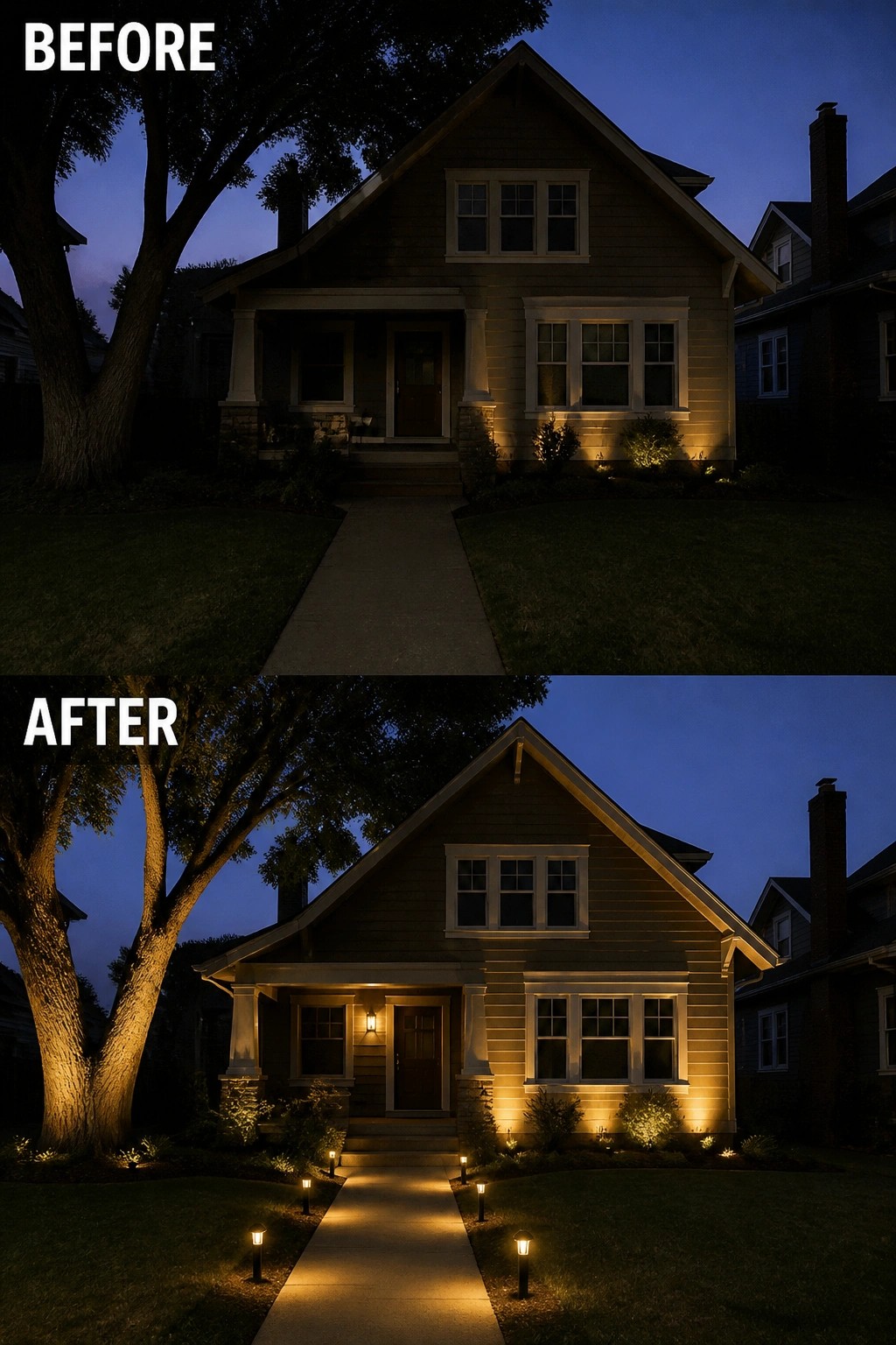Before and after of house with added path, tree, and porch lighting at dusk