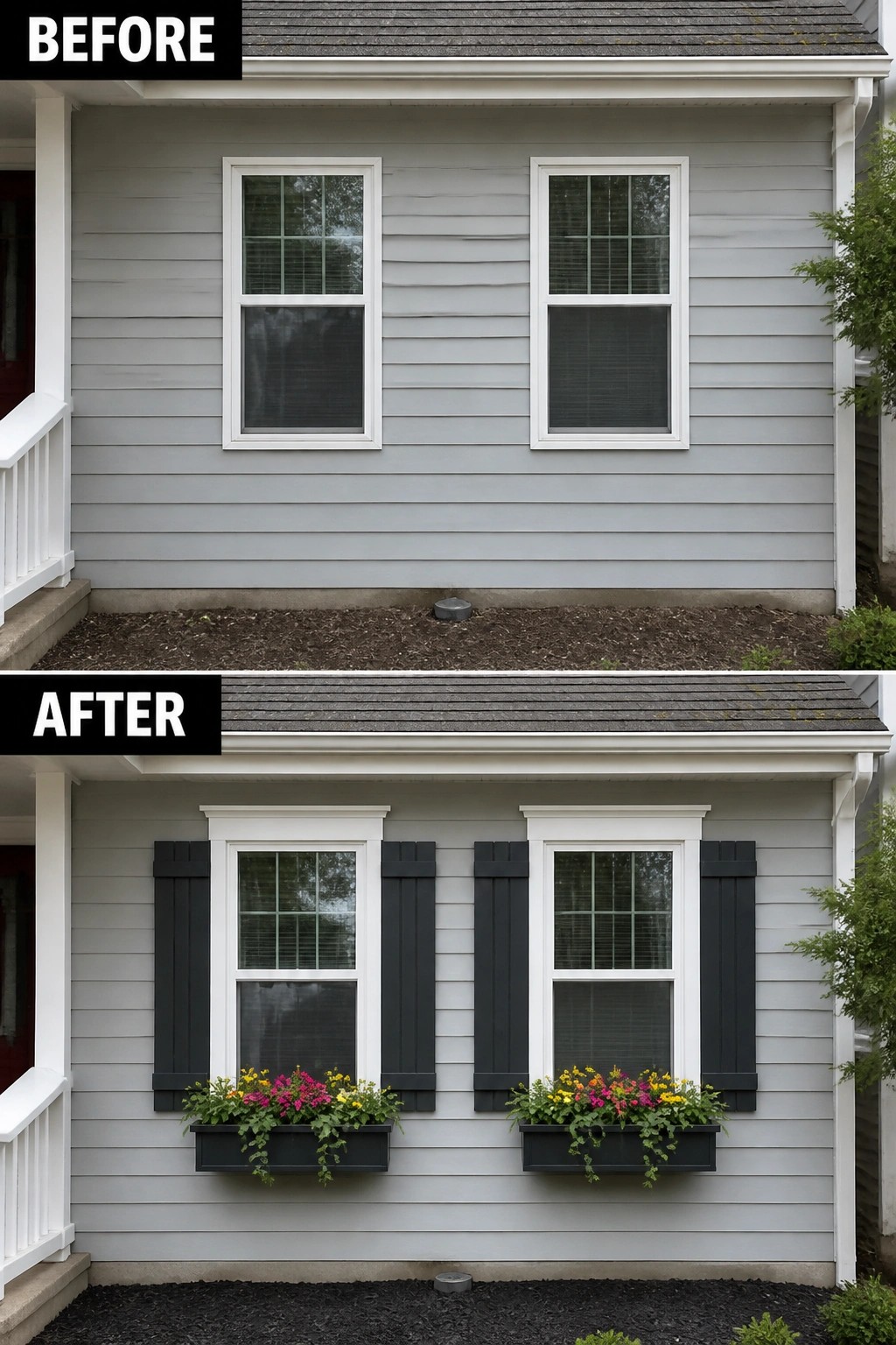 Gray house before and after with added black shutters and colorful flower boxes.
