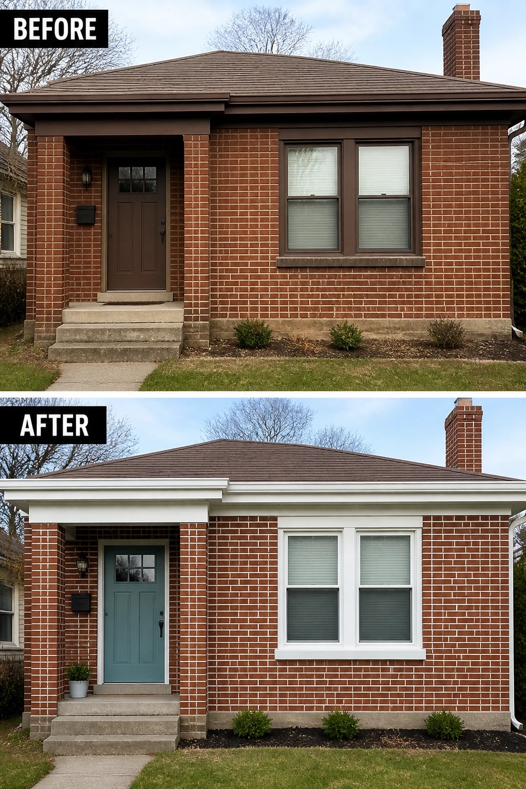 Before-and-after image of a brick house exterior updated with white trim along the roofline and windows plus a teal front door.