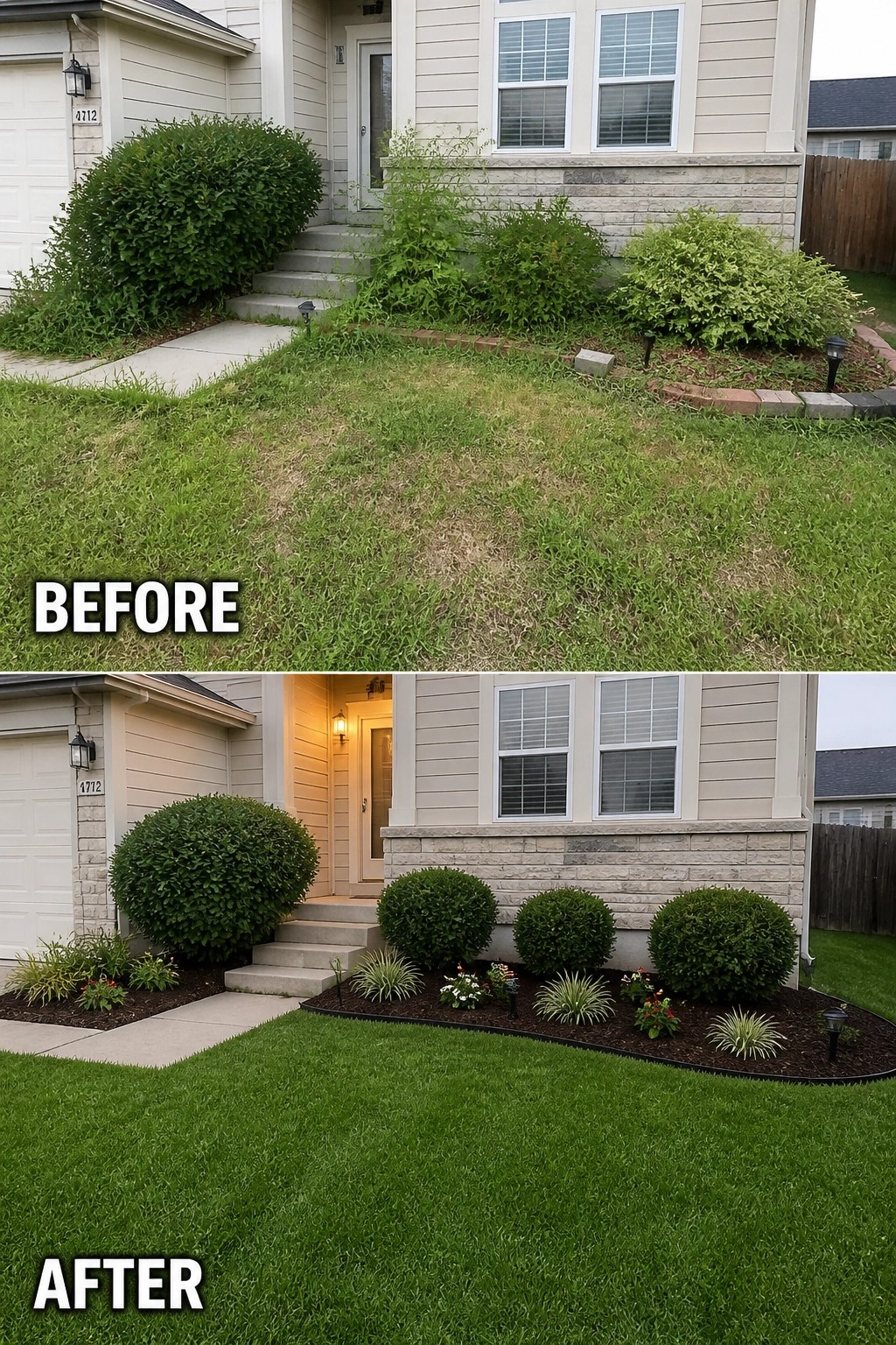 Before patchy lawn and after lush grass with manicured shrubs and flower beds