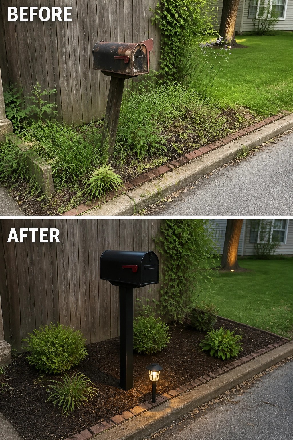 Before-and-after mailbox upgrade from rusty metal to sleek black with new landscaping.