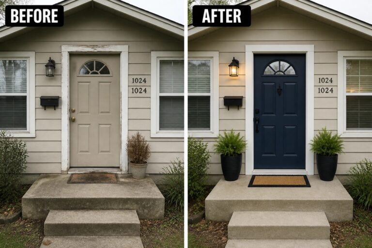 20 Easy Home Exterior Makeover Ideas for A Cleaner, More Finished First Impression Before-and-after image of a house front entry with a beige door changed to navy blue, plus added planters and a wall sconce.